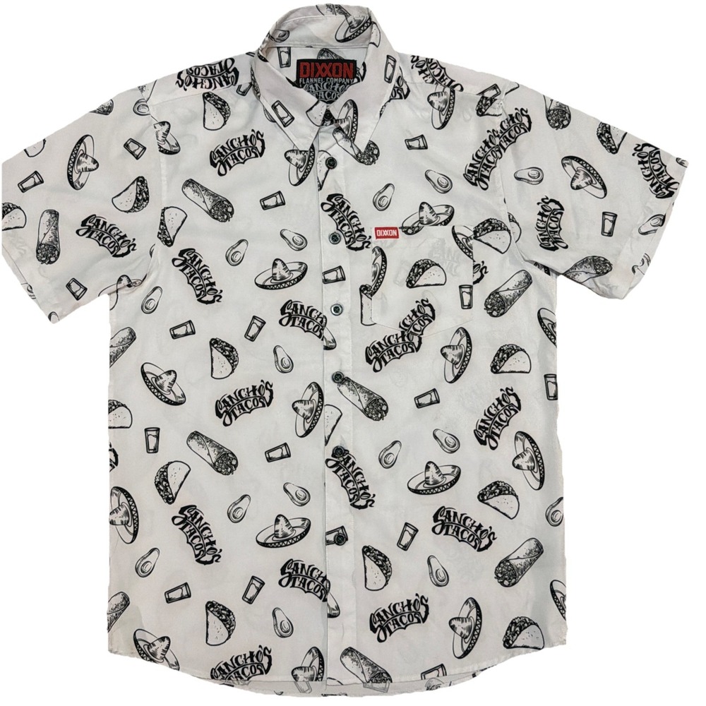 Dixxon Flannel Company Men's Small Sancho's Tacos Short Sleeve White Black Shirt